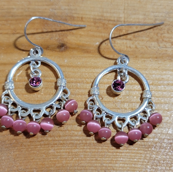 Silver Tone Pink Cats Eye Beaded Chandelier Earrings w/ Hot Pink Rhinestones - Picture 5 of 7